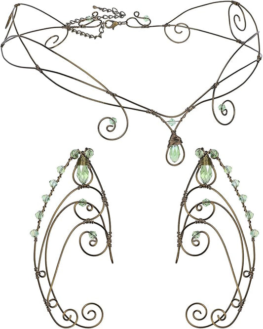 Renaissance Fairy Tale Costume Set - Elf Ear Cuff Earrings Decorative Medieval Fairy Winding Tiara Crown for Cosplay