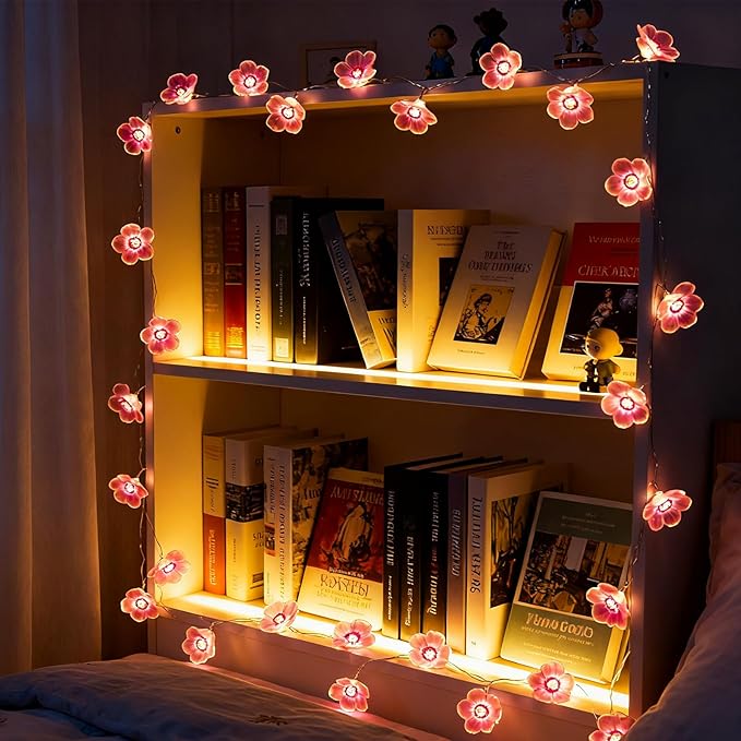 Pink Fairy Cherry Blossom Flower String Lights for Bedroom, USB Plug in and Battery Operated 13ft 40 LED Cute Indoor Outdoor Hanging Decorations for Birthday Wedding Party Christmas Easter