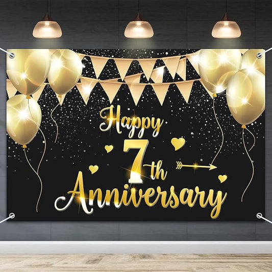 HAMIGAR 6x4ft Happy 7th Anniversary Banner Backdrop - 7 Wedding Anniversary Decorations Party Supplies - Black Gold