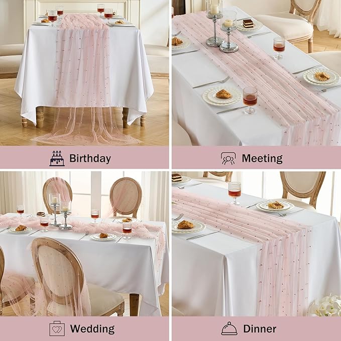 Fanami 3 Pack Pearl Table Runner -10FT Dusty Pink Boho Tulle Table Runners 120 Inches Long Rustic Sheer Lace Fabric Centerpieces for Wedding Arch Birthday Party Bridal Veil Baby Shower Decorations