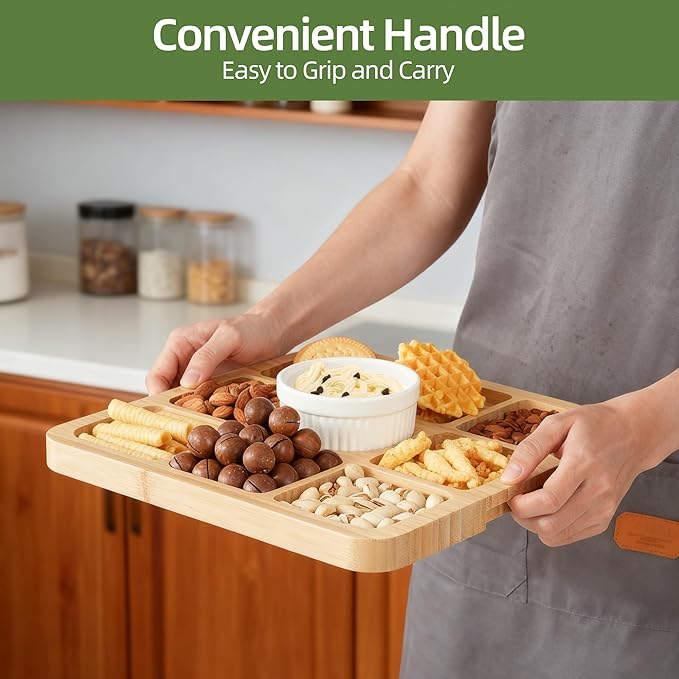 YANG Charcuterie Board with Lid, Divided Bamboo Serving Tray with Leak-Proof Locking Lid, Serving Platter for Party Appetizer Cheese Snack Gift Ready (9 Compartments,Square)