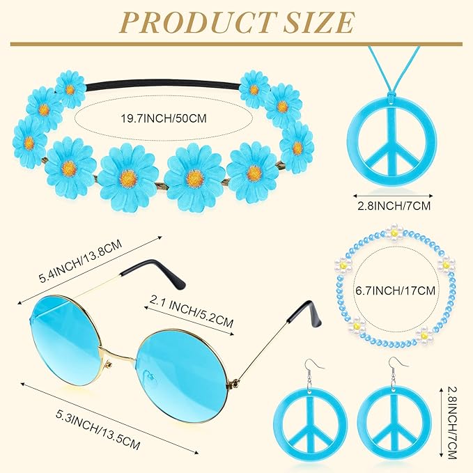 Batiyeer 6 Pcs Hippie Costume Accessories Set, Boho Peace Sign Daisy Flower 60s 70s Party Favors Decor for Groovy Party Women(Light Blue)