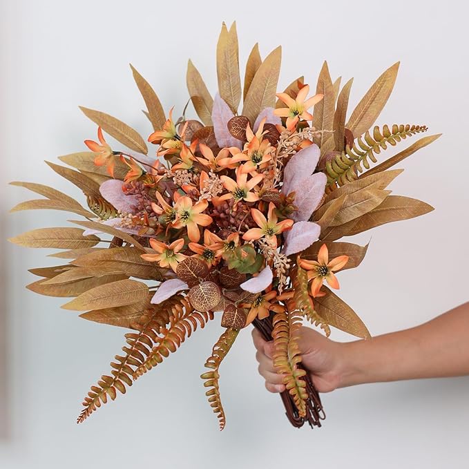 YXZZWL Artificial Greenery Stems Box Set for Fall Decorations，70 Pcs with 8 Kinds of Faux Eucalyptus Branches for Autumn Wedding DIY Bouquets Floral Arrangement Table Centerpieces (Brown & Orange)