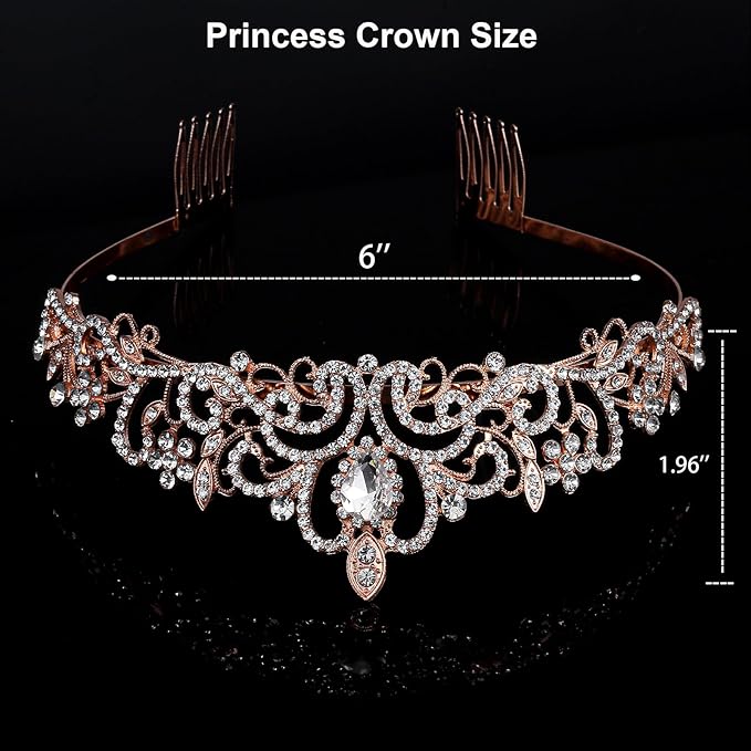 Tiara Crowns for Women, 2Pcs Princess Crown for Girls Crystal Queen Tiaras for Birthday Christmas Costume Bride Wedding Prom-Rose Gold