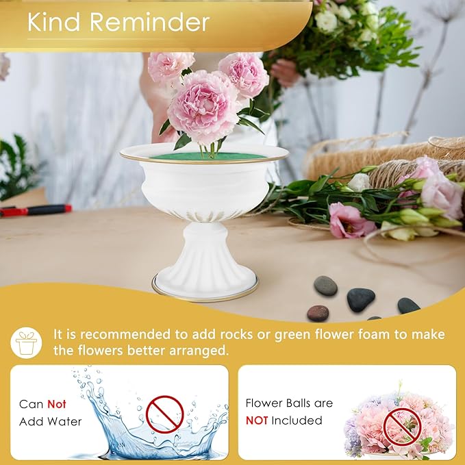 White Wedding Vases for Centerpieces: Small Flower Vase for Tables - 6.5 Inch Metal Compote Bowl Urn Pedestal for Party Anniversary Event Home Decor Set of 2