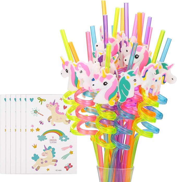 24 Reusable Unicorn Drinking Plastic Straws + 6 Temporary Tattoos for Girls | Birthday Party Supplies - Rainbow Unicorn Party Favors Decorations with 2 Cleaning Brush