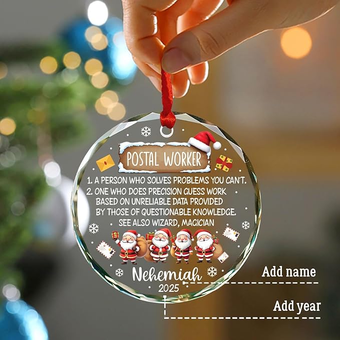 Postal Worker Definition Christmas Ornament, Personalized Name Mail Carrier Glass Ornament Xmas 2025, Gifts for Postal Workers Mailman, Custom Santa Postman Christmas Keepsake Gift, Xmas Tree Decor