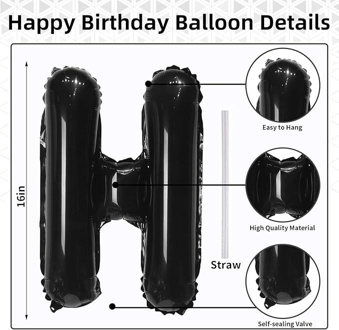 16 Inch Happy Birthday Banner Balloon - Black Letters Foil Balloons With Ribbon, Self Inflating Letter Balloon Bunting for Men Women Birthday Party Decorations Supplies