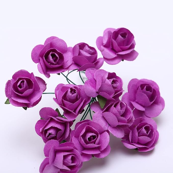 144pcs Mulberry Paper Mini Roses Artificial Flowers Heads with Stems for DIY Crafts Accessories Make Bridal Hair Clips Headbands Dress Wedding Bridal Bouquet Party Decor Valentine's (Light Purple)