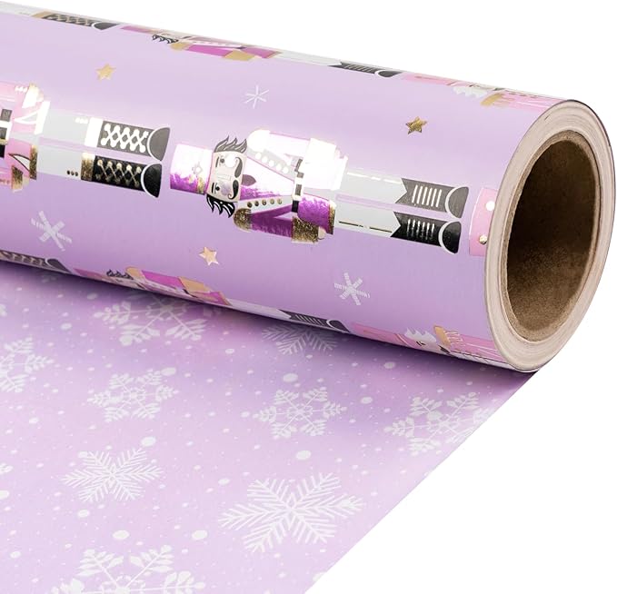 RUSPEPA Christmas Reversible Wrapping Paper Roll for Kids Girls, Mini Roll, Gold Foil Purple Nutcracker Soldier and Snowflakes Design, Ideal for Holiday Gifts, Christmas, 17 Inches x 32.8 Feet
