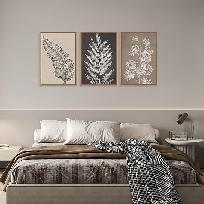 HOURIA Beige Brown Botanical Leaf Framed Canvas Wall Art Set,Modern Natural Leaves Wall Decor,Vintage Minimalist Floral Artwork,Black and White Plant Art Print for Living Room,Bedroom,Office-16"x24"x3