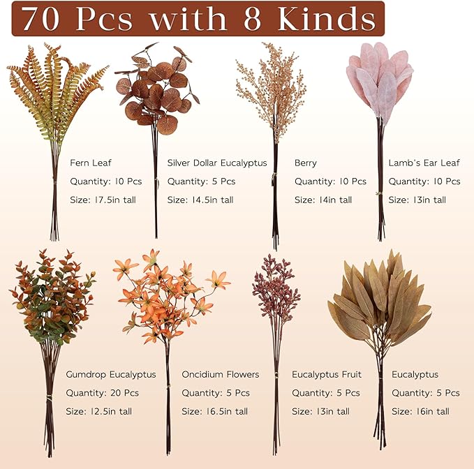 Artificial Greenery Stems Box Set for Fall Decor (Pack of 70pcs) with 8 Kinds of Faux Plants and Fake Flowers for Autumn DIY Wedding Bouquet Table Centerpieces and Floral Arrangement (Brown & Orange)