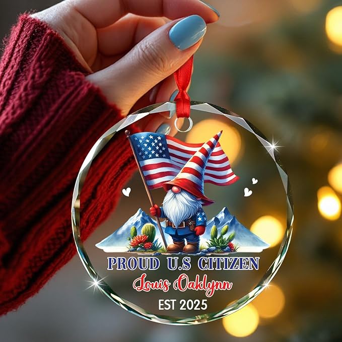 Proud U.S Citizen Gnome Christmas Ornament Decor 2025, Personalized Year & Name U.S Citizenship Xmas Ornament Gift for Grandpa Grandma Patriotic Holiday, Custom American Citizen Glass Decor Ornaments