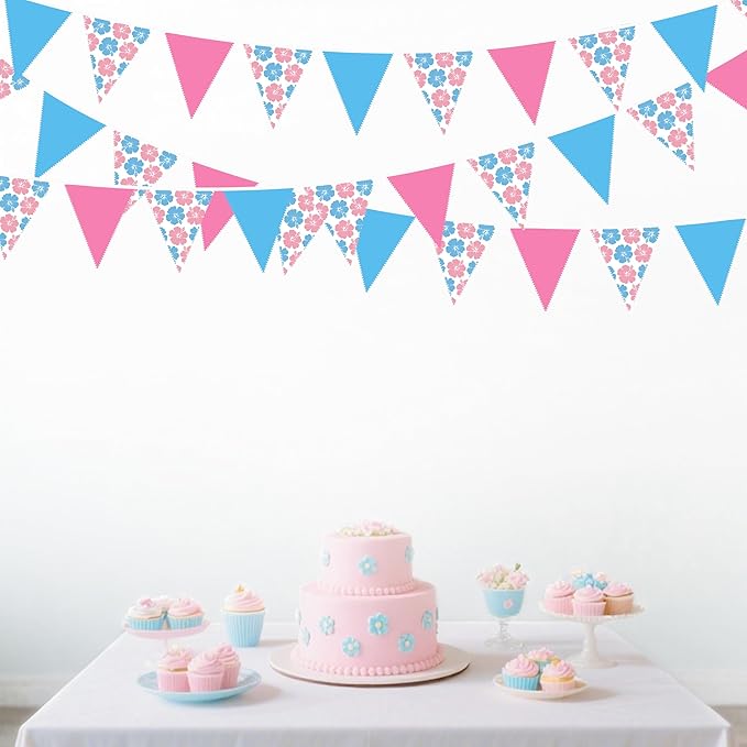 32Ft Cartoon Birthday Party Decorations Pink Blue Hawaiian Hibiscus Flower Triangle Flag Pennant Banner Fabric Garland Streamer for Luau Hawaii Tropical Ohana Baby Shower Gender Reveal Summer Decor