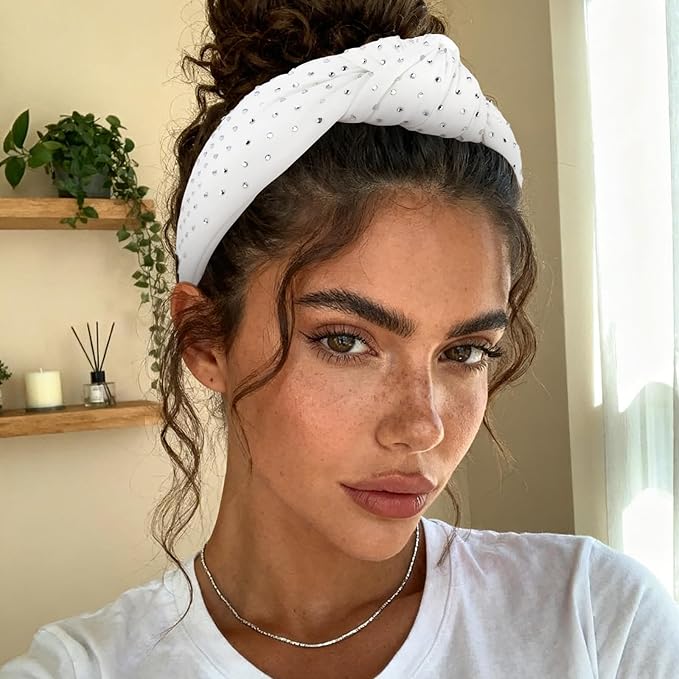 YISSION White Rhinestone Knotted Headband for Women, Sparkly Crystal Embellished Hair Hoop, Elegant Wide Top Knot Hair Accessory for Party, Wedding, Daily Styling
