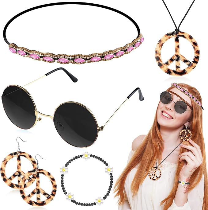 Batiyeer 6 Pcs Hippie Costume Accessories Set, Boho Peace Sign Daisy Flower 60s 70s Party Favors Decor for Groovy Party Women(Leopard)