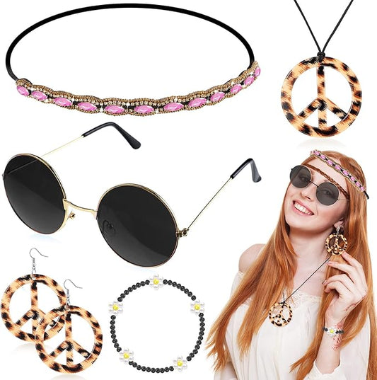 Batiyeer 6 Pcs Hippie Costume Accessories Set, Boho Peace Sign Daisy Flower 60s 70s Party Favors Decor for Groovy Party Women(Leopard)