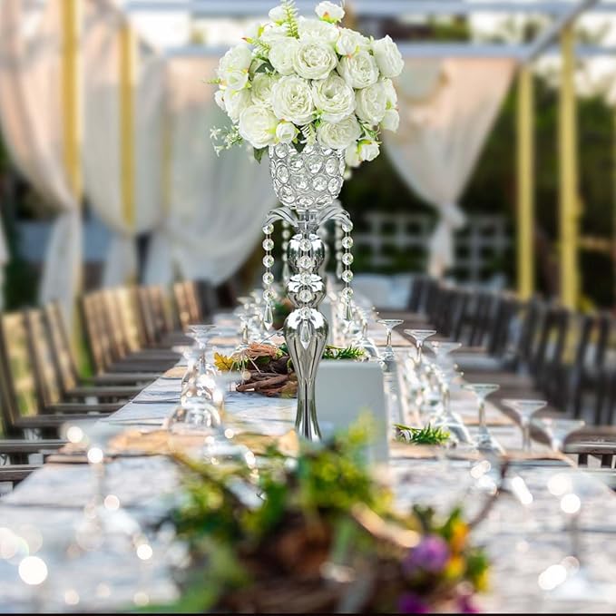 2Pcs Silver Crystal Metal Vase Set - Tulip & Trumpet Wedding Centerpieces, Artificial Flower Arrangement Vases for Home Decor, Restaurant Table Displays