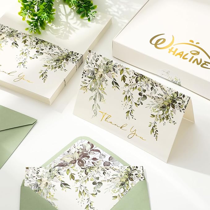 Whaline 50 Pack Greenery Thank You Cards Bulk Boxed Watercolor Eucalyptus Leaves Foil Gold Thank You Note Cards with Envelope Sticker for Thanksgiving Wedding