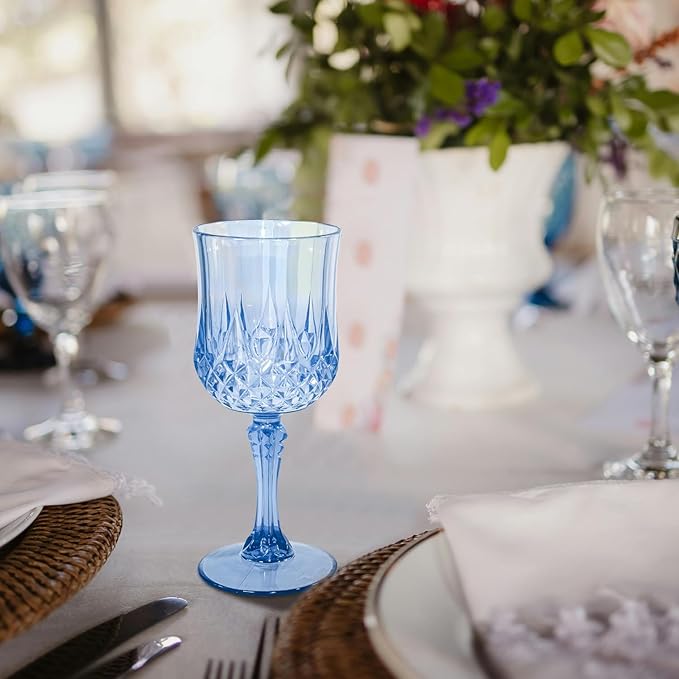 48 PCS Blue Plastic Wine Glasses 7oz, Reusable Drinkware Vintage Plastic Goblets for Parties Baby Shower Wedding Reception Grand Event Party, Blue