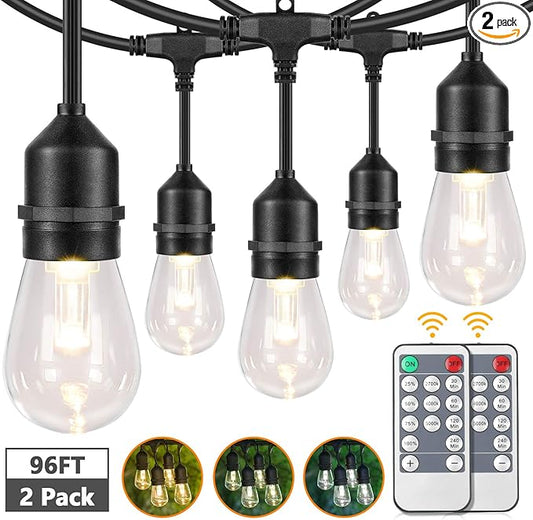 Lakumu 2-Pack 3 Color Dimmable LED Outdoor String Lights for Patio with Remotes, 96FT Waterproof Hanging Lights with Shatterproof Edison Bulbs for Bistro Backyard-Warm White/Neutral White/Daylight