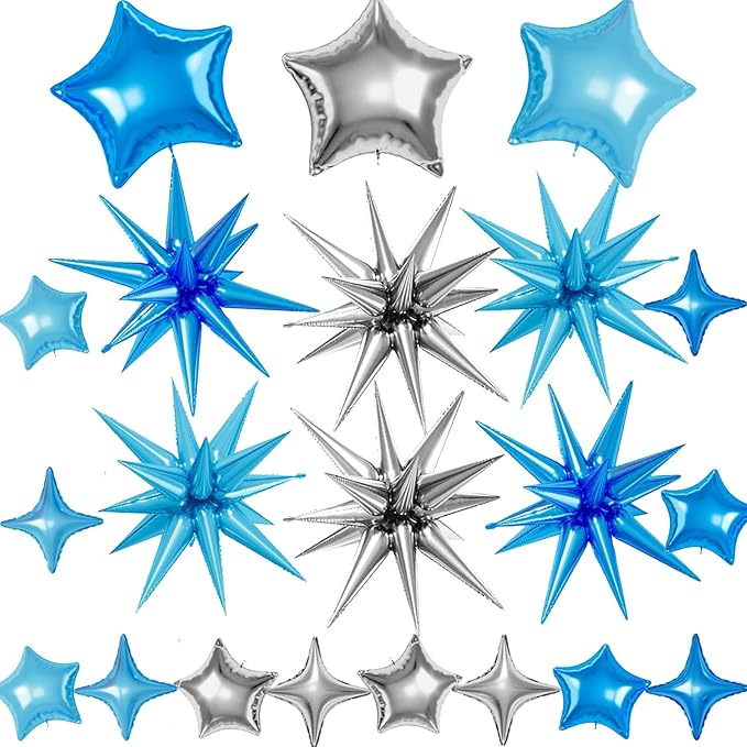 21 Pcs Star Balloons,22/18/10 Inch Star Foil Mylar Balloon,Spike Balloon and Four Pointed Balloons for Party Supplies Christmas Birthday Wedding Photo Booth (Silver Blue Light Blue)