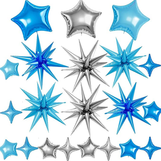 21 Pcs Star Balloons,22/18/10 Inch Star Foil Mylar Balloon,Spike Balloon and Four Pointed Balloons for Party Supplies Christmas Birthday Wedding Photo Booth (Silver Blue Light Blue)