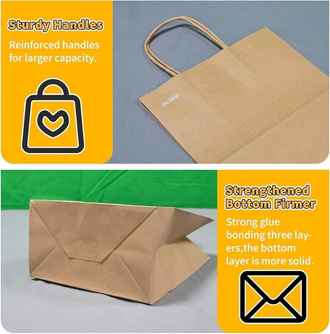 FACEBAG 100-Pack Brown Paper Bags with Handles, 8x4.25x10.5 Inch Kraft Gift Bags, Applicable to Birthday, Retail, Party, Shopping, Festival, Reusable & Durable
