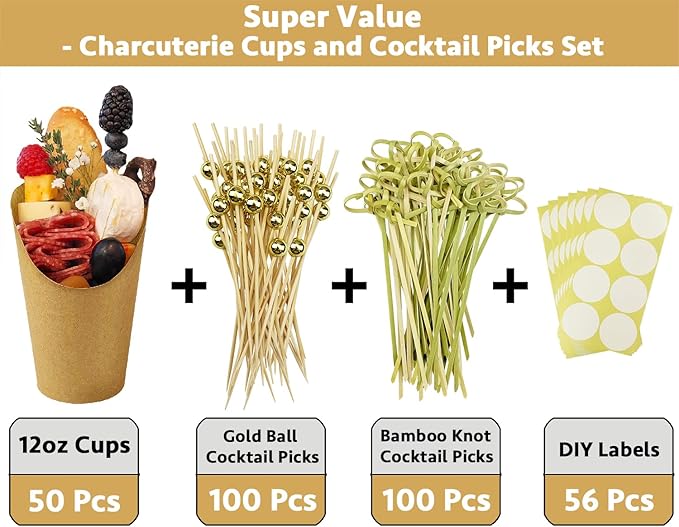 CAMKYDE 50 Charcuterie Cups + 200 Cocktail Picks + 56 Labels, 12 oz Disposable Charcuterie Cups with Sticks (2 Types), French Fry Cup Brown Paper Appetizer Cup for all Occasions