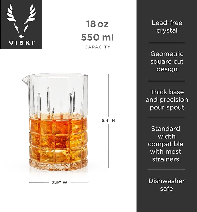 Viski Highland Mixing Glass - 18 Ounces, Crystal, Square-Cut Crystal Barware, Cocktail Accessories, Home Bar Supplies