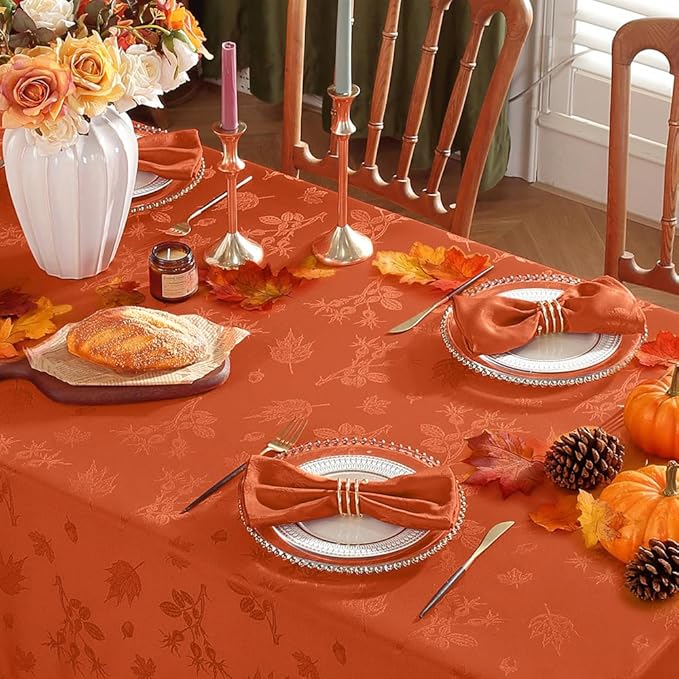 MATIRUG Fall Thanksgiving Tablecloth Rectangle 60X84 inches,Waterproof Washable Fall Jacquard Table Cloth for Autumn Harvest Holiday, Burnt Orange/Rust