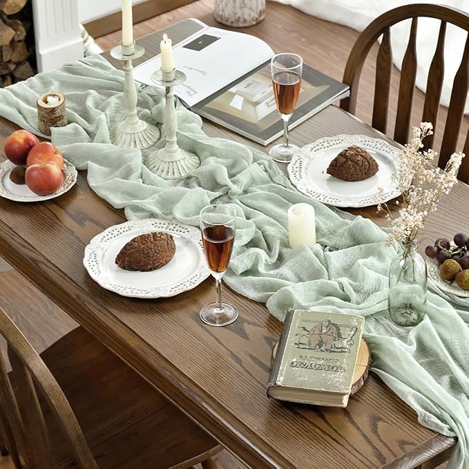 Artoid Mode Boho Cheesecloth Gauze Sage Green Wedding Table Runner, 120 Inch Seasonal Fabric Kitchen Dining Holiday Table Decor for Home Party Indoor