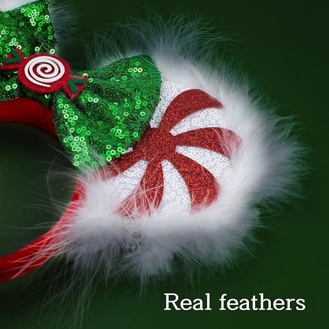 JIAHANG Christmas LED Flash Mouse Ear Headband, Lollipop Light Up Furry Edged Sequin Bow Hairband, Glowing Festival Party Decoration Headwear for Women Girls