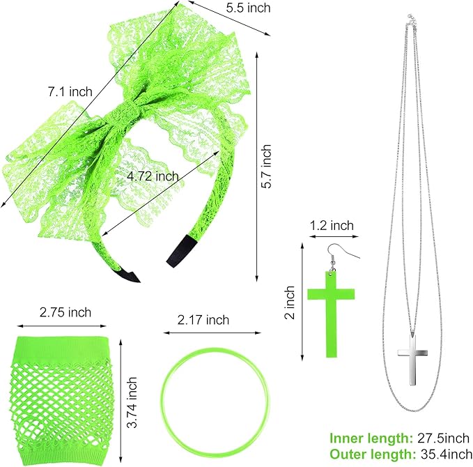 Blulu 80s Accessories for Women Dress Costume Lace Headband Earrings Fishnet Gloves Necklace Bracelet