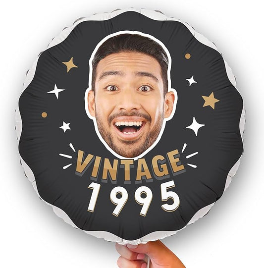 Big Dot of Happiness Personalized Vintage Birthday Photo Balloon, Custom Fun Face Cutout Head, Milestone Birth Year, Black & Gold Party Decoration, Double-Sided Mylar Balloon, 1 Piece