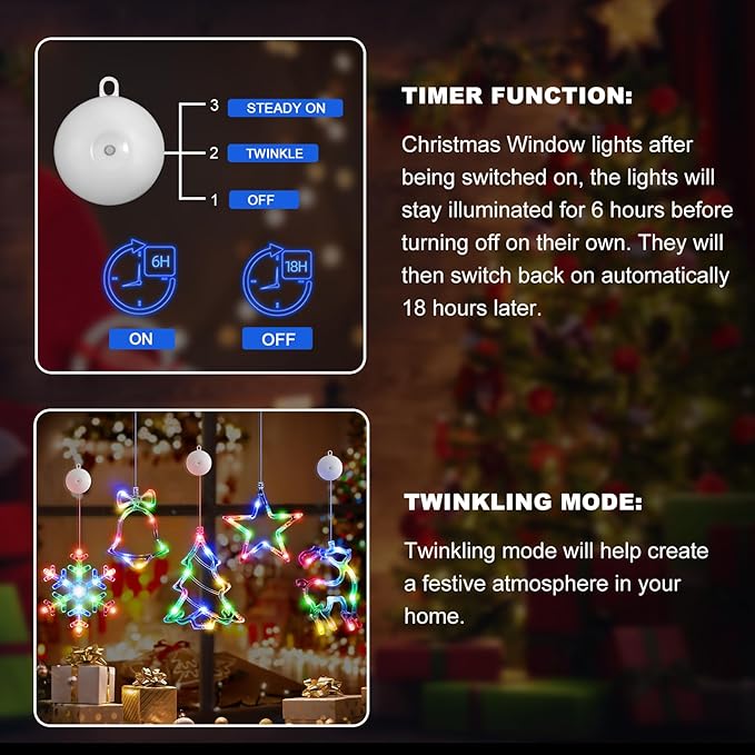 5Pack Christmas Window Lights Decorations with Timer,Battery Powered Christmas Hanging Multicolor Lighted Snowflake Tree Star Deer Bells Shaped LED Sucker for Xmas Fireplace Indoor Decor