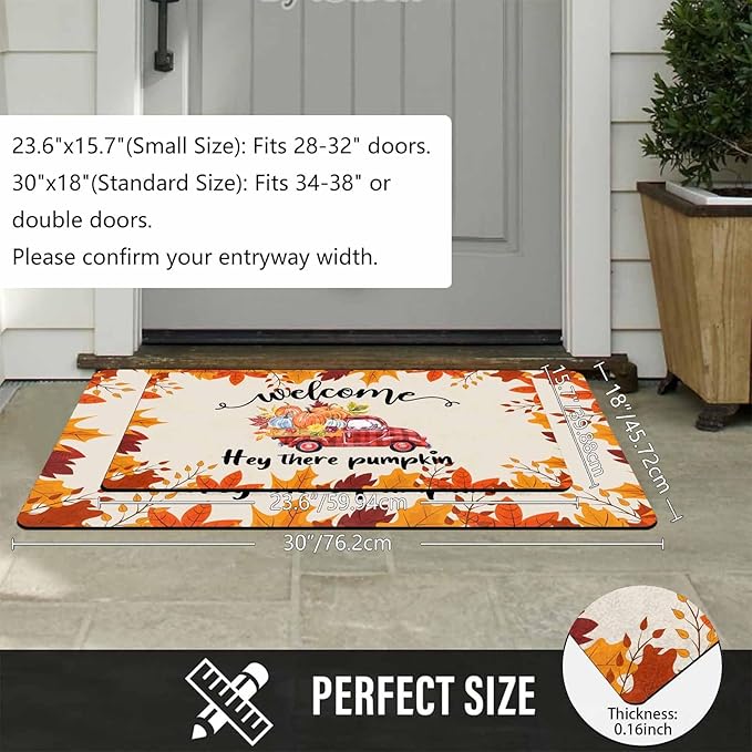 Fall Welcome Maple Leafs Decorative Door Mat, Autumn Thanksgiving Doormat for Indoor Outdoor Entrance Floor Mats,Fall Pumpkins Non Slip Harvest Vintage Decor Rubber Welcome Mats 16" x 24" Inch