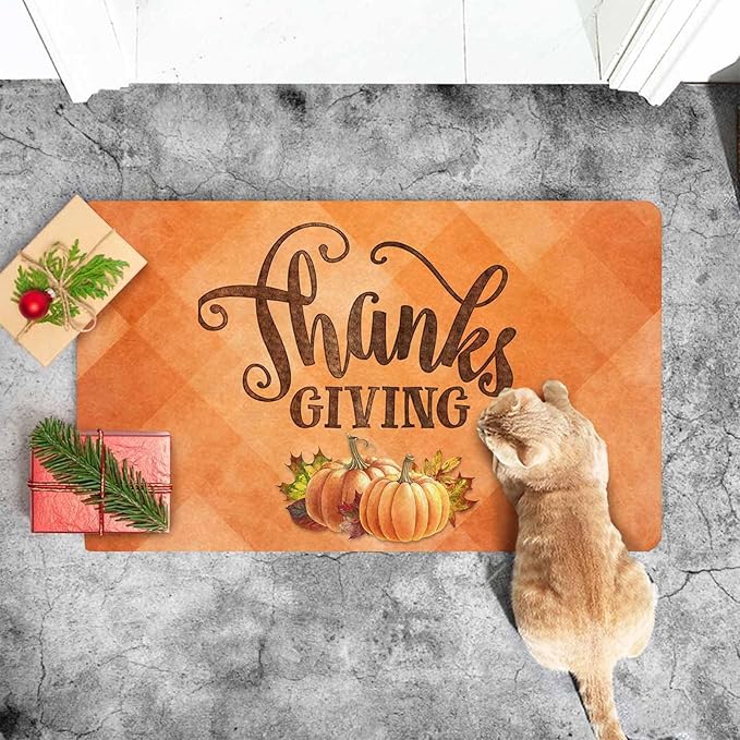 InterestPrint Thanksgiving Doormat Fall Door Mat, Pumpkin Welcome Mats Outdoor Autumn Doormats for Front Door Decorations Autumn Harvest Vintage Thanksiving, 24"x16"inch