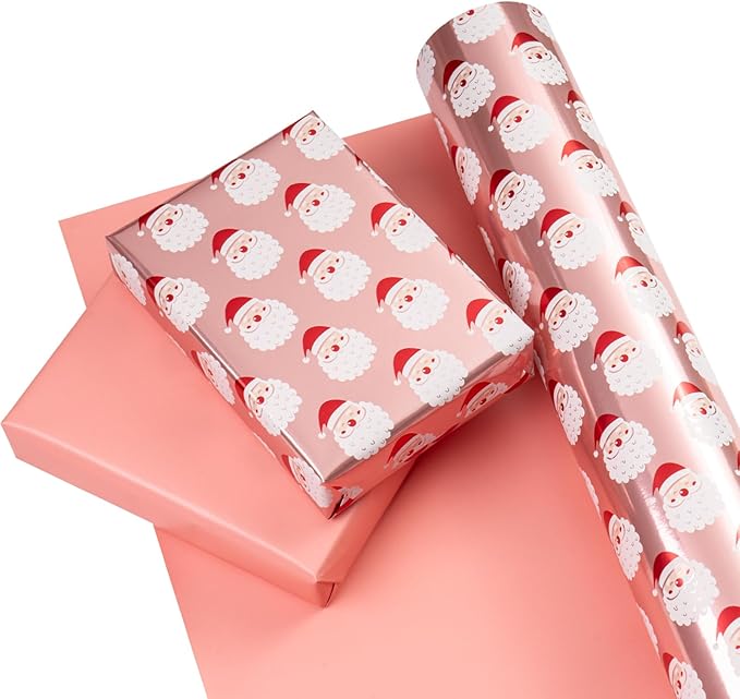 WRAPAHOLIC 30 Inch Jumbo Reversible Christmas Wrapping Paper - 30 Inch x 100 Feet Jumbo Roll Santa Claus Wrapping Paper and Solid Rose Gold Design with Metallic Foil Shine for Chrsitmas, Holiday