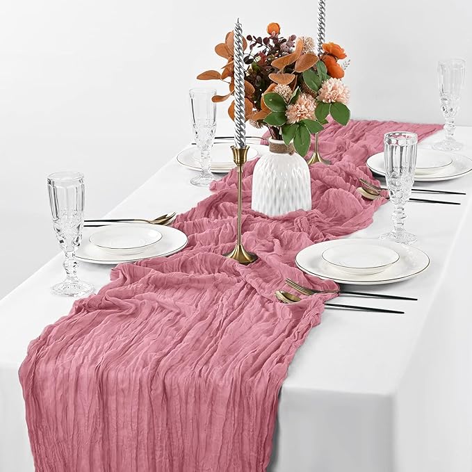 12 Pack Dusty Rose Table Runner, 35x120 Inch Pink Cheesecloth Table Runner with Wrinkle 10ft Long Boho Rustic Gauze Sheer Cheese Cloth for Wedding Party Bridal Baby Shower Table Decor