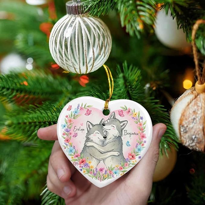 Custom Couple Wolf Wedding Ceramic Ornament, Couples Wolf Together Ornament Christmas 2025, Heart Floral Animal Decoration, Gift for Him Her, Personalized Names Mr & Mrs Wolves Ornaments Xmas