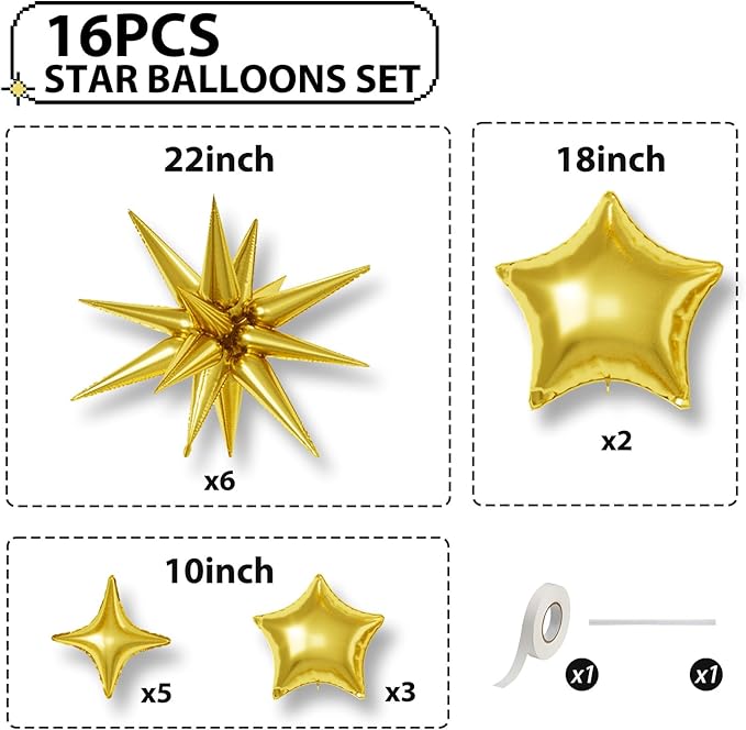 16 Pcs Gold Star Balloons, 22/18/10 Inch Foil Balloons, Four-Pointed Balloon for Kids Birthday Graduation Celebration Wedding Baby Shower 16 Pcs Decorations