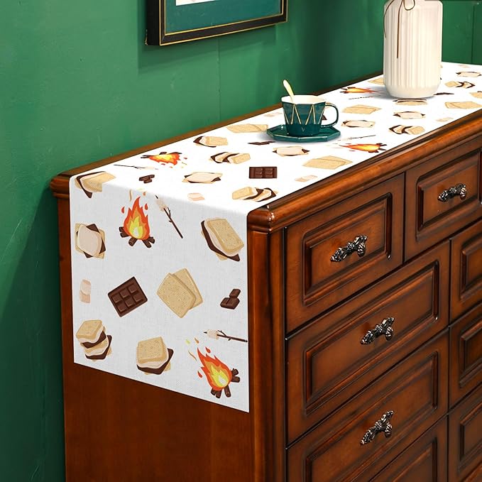 S'Mores Table Runner Bonfire Camping Party Decoration Dessert Birthday Dining Room Home Kitchen Table Decor (13" x 90")