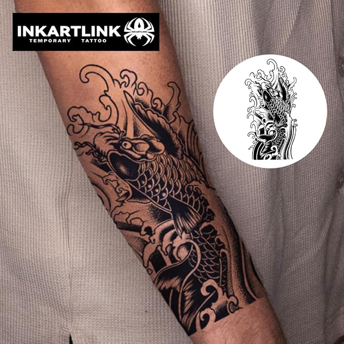 INKARTLINK Tattoo Tech,2 Sheets Extra-Large Semi Permanent Tattoo,Adult Art Design Temporary Tattoos, Lasts 1-2 Weeks, Waterproof, Realistic Look, No Adhesive, No Reflection (Koi Fish Design)