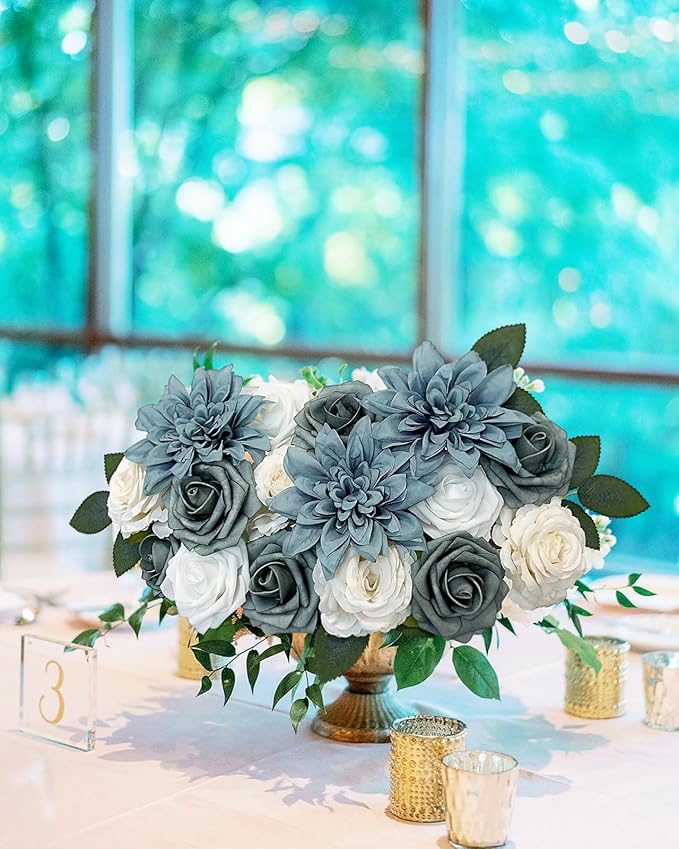 Roses Artificial Flowers Blue Fake Flower Bulk for DIY Wedding Bouquets Bridal Baby Shower Centerpiece Table Decorations Silk Faux Floral Arrangements for Party Home Decor Indoor Dusty Blue