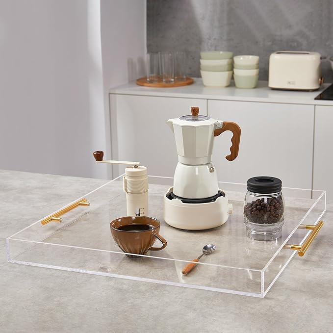 Extra Large Clear Acrylic Serving Tray (21×21 Inches) with Gold Handles Spill Proof Acrylic Over Size Big Decorative Tray Organiser for Ottoman Coffee Table Countertop