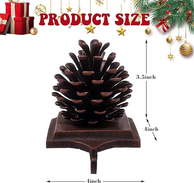 JUSTOTRY PineCones Christmas Stocking Holder Set of 4 with Non-Skid Retro Brown Stocking Holders for Mantle Fireplace Christmas Indoor Home Decor Gifts Xmas Decorations