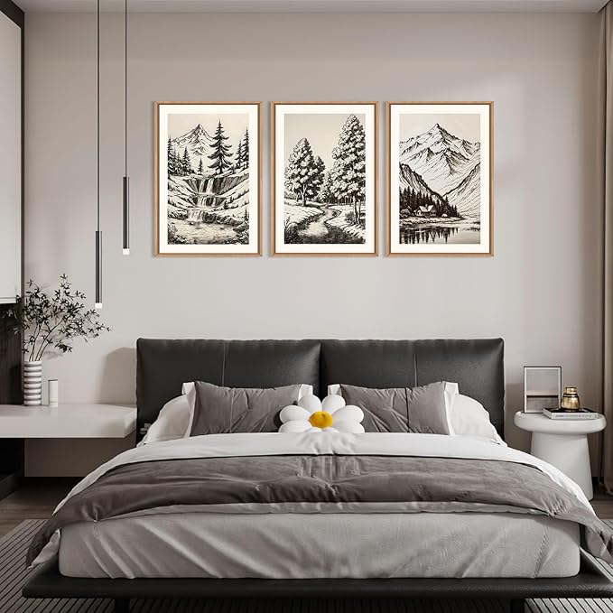 HOURIA Large Vintage Mountain Sketch Framed Canvas Wall Art Set,Modern Pine Tree Wall Decor, Natural Botanical Wall Painting,Retro Abstract Art Print for Living Room,Bedroom,Office- 16"x24"x3