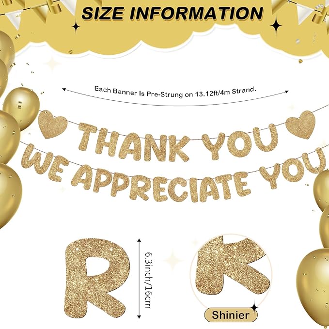 Fulmoon Pre Strung Thank You We Appreciate You Glitter Banner Funny Appreciation Banner for Employee Coworker Staff Teacher Thank Sign Party Decorations(Champagne Gold)