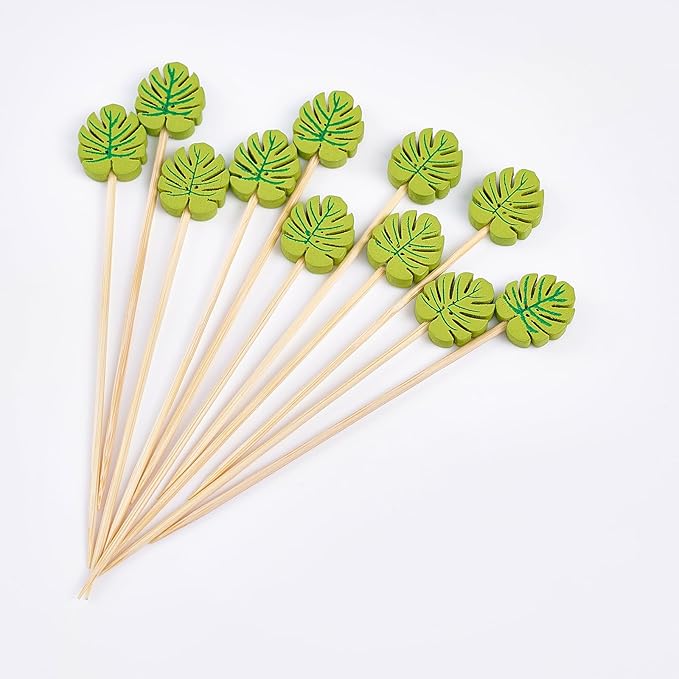 PuTwo Picks 100 Counts 4.7" Bamboo Wooden Decorative Sticks for Appetizers Fancy Cocktail Party-Green Leaf Toothpicks, Palm Leaves